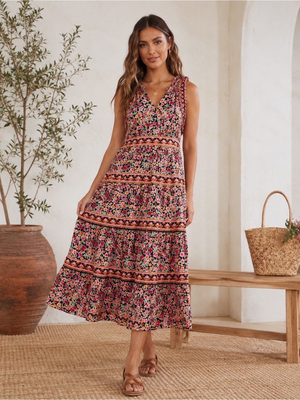 Hale Bob✨Denver Voile Ruffle Tiered Halter Midi Dress